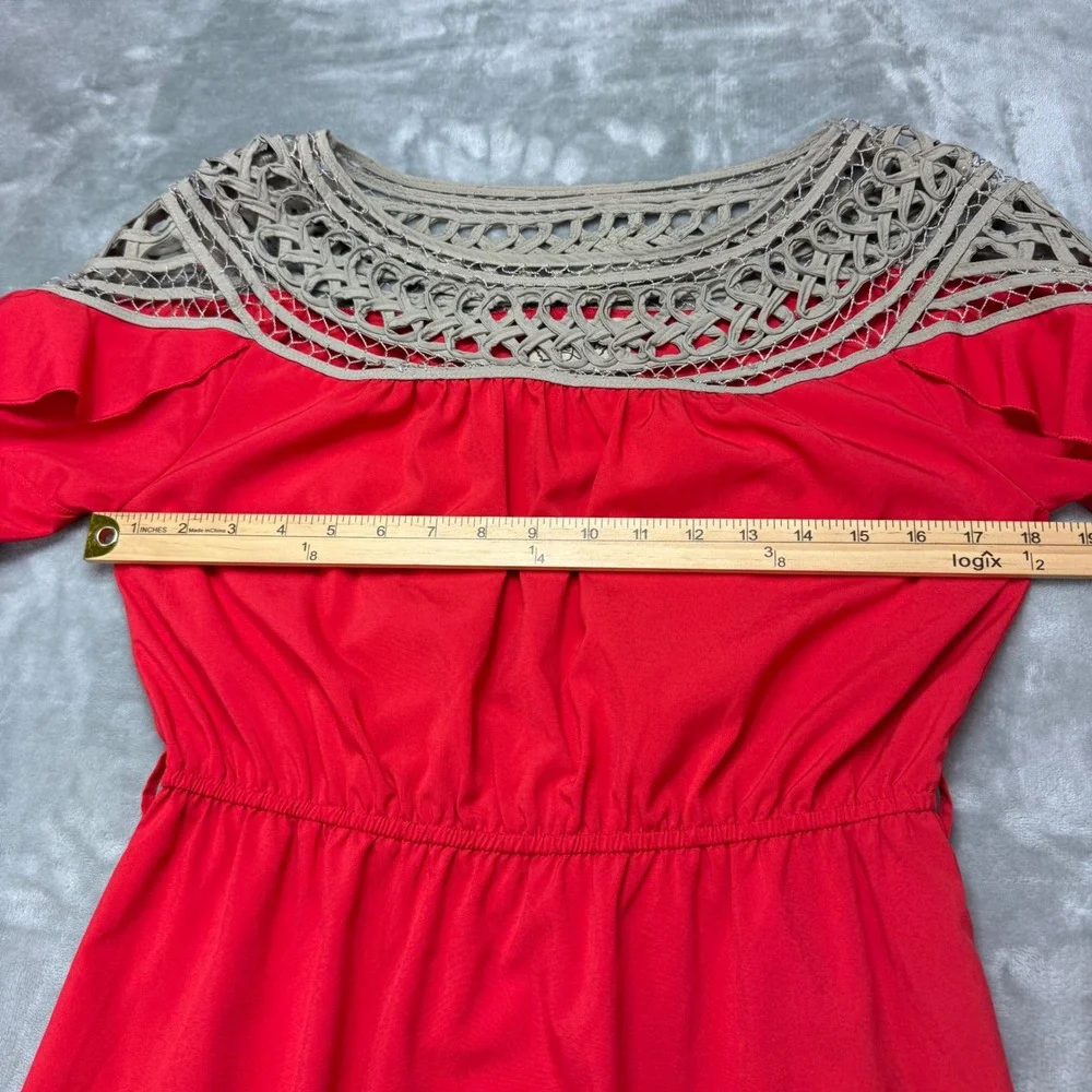 DejaVu‎ Red Crochet Neck Ruffle Bell Sleeve Mini Dress Womens Medium